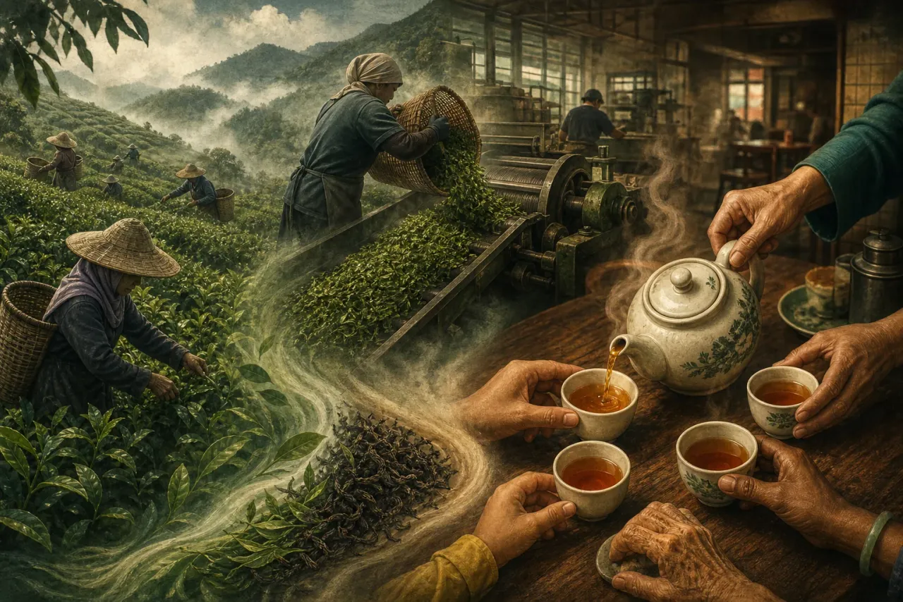 AI-generated editorial interpretation of Malaysian tea moving from highland workers and factory machinery to a shared table