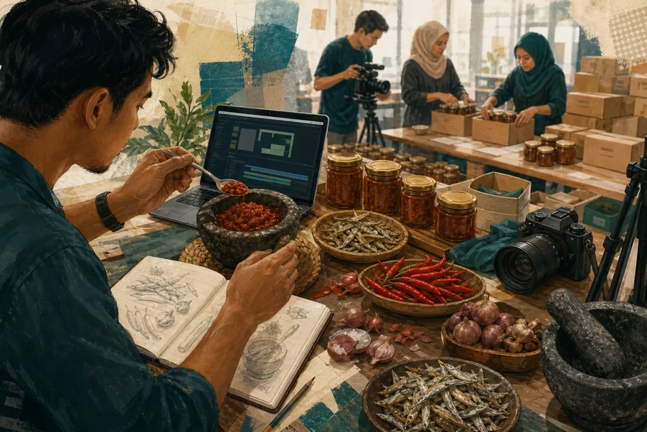 AI-generated editorial interpretation of recipe testing, video production and sambal packing inside a Malaysian creator-led food business