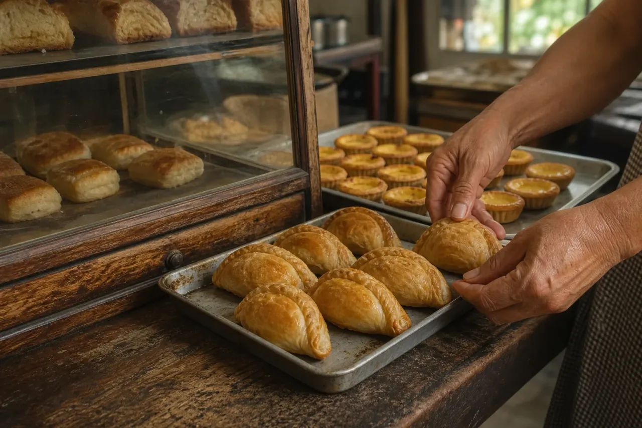 AI-generated editorial interpretation of kaya puffs and tarts being arranged in a traditional small-town bakery