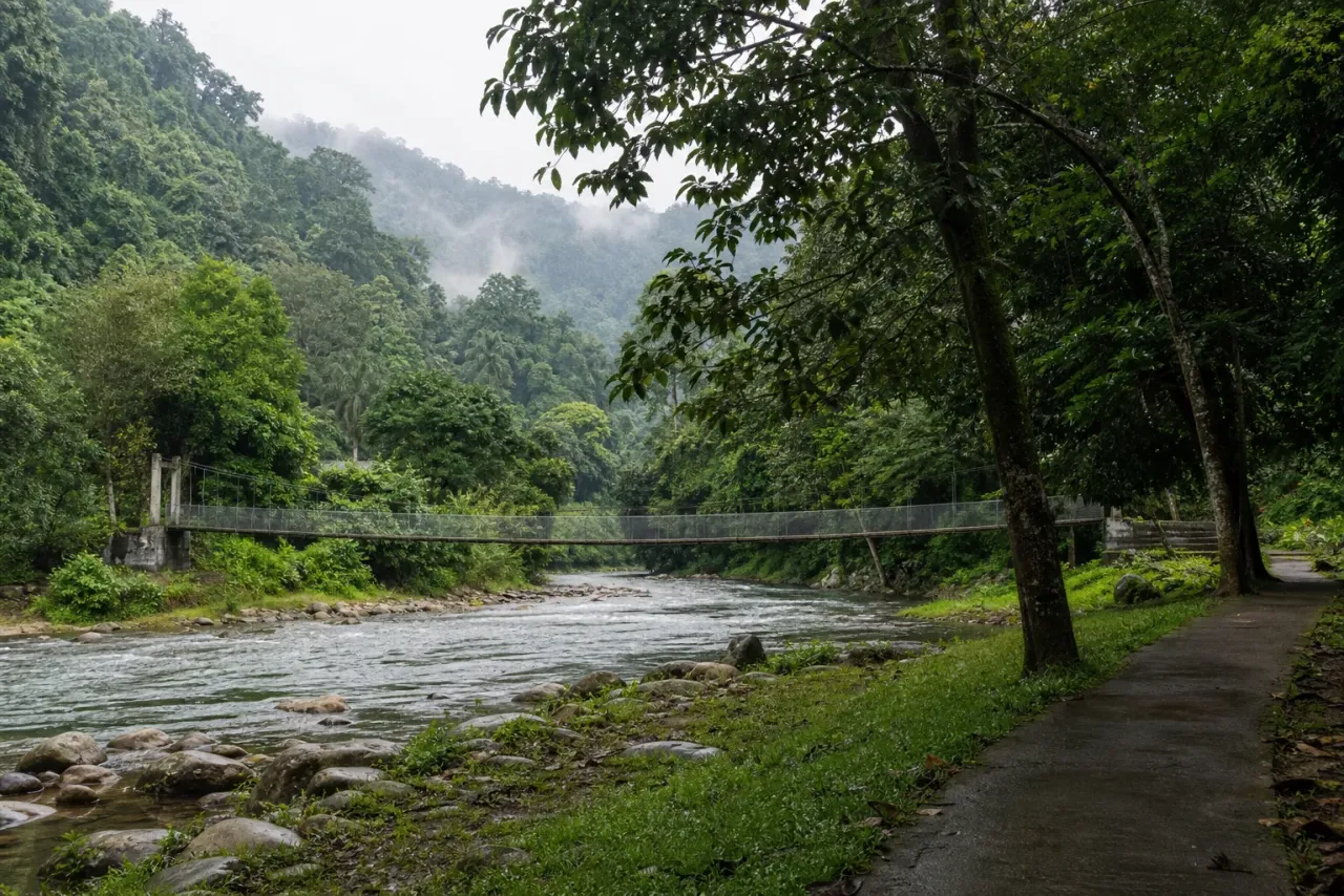 AI-generated editorial interpretation of a rainforest river, public path and forested hills near Kuala Kubu Bharu