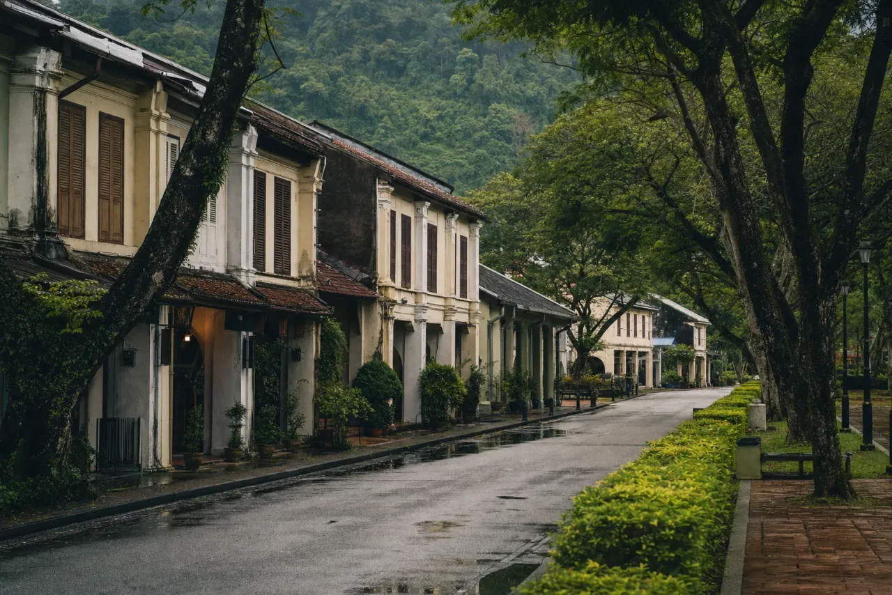 AI-generated editorial interpretation of a leafy heritage garden-town street in Kuala Kubu Bharu