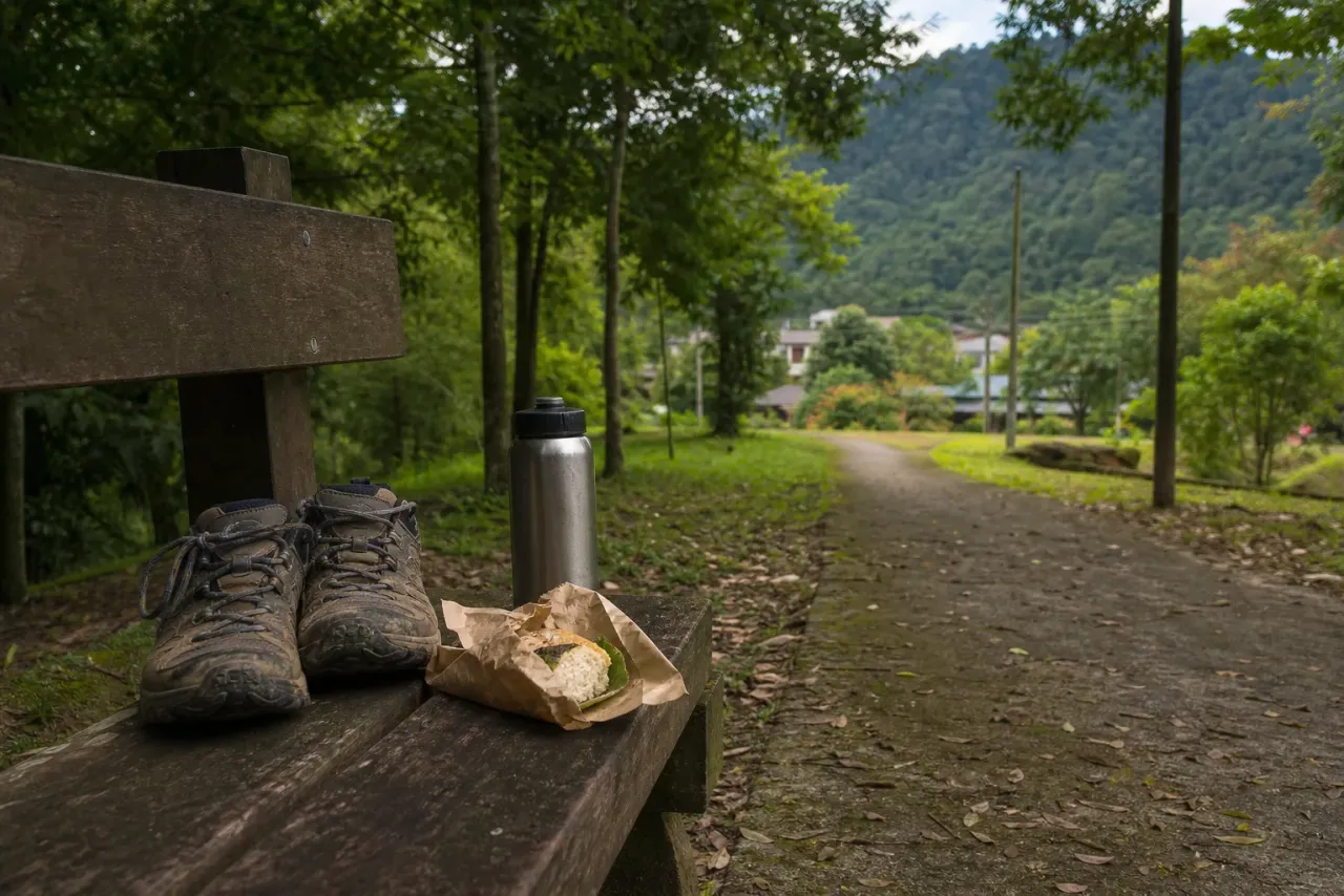 AI-generated editorial interpretation of walking shoes, a local snack and water flask beside a shaded forest-edge path