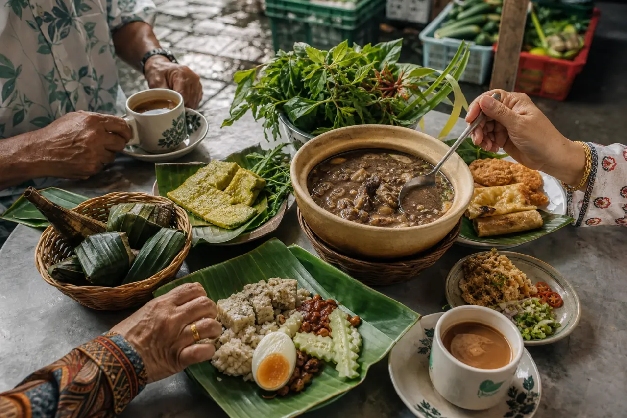 AI-created editorial interpretation of a multicultural Klang meal shared beside a morning market