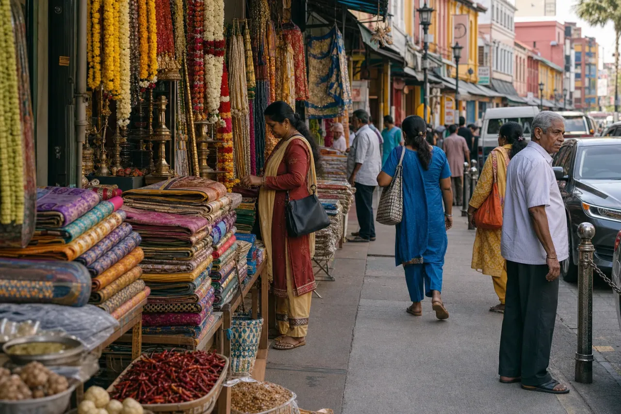 AI-created editorial interpretation of textile, flower and spice traders along Klang's Little India