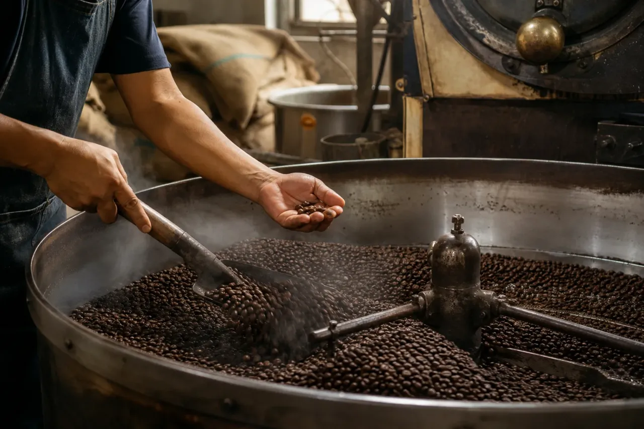 AI-generated editorial interpretation of a Kluang coffee maker inspecting beans in a working roastery