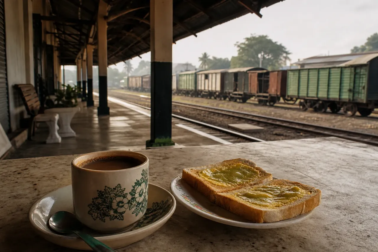 AI-generated editorial interpretation of local coffee and kaya toast beside a heritage railway platform