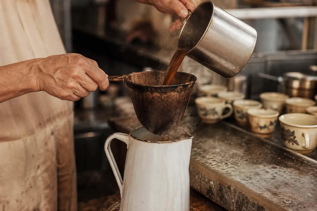 AI-generated editorial interpretation of traditional Malaysian kopi being pulled through a cloth filter at an old coffee counter