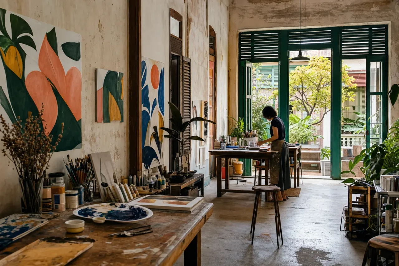 AI-generated editorial interpretation of an artist working in a heritage Kluang shophouse studio