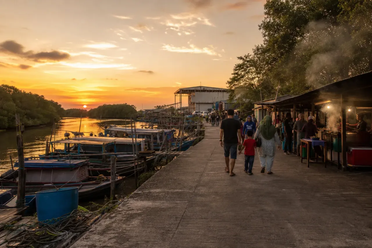 AI-created editorial interpretation of families walking beside Kuala Selangor's fishing boats at sunset