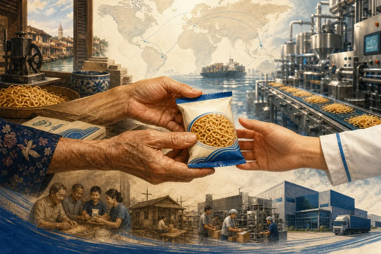 AI-generated editorial interpretation of a multigenerational Malaysian snack business growing from a small factory to wider markets