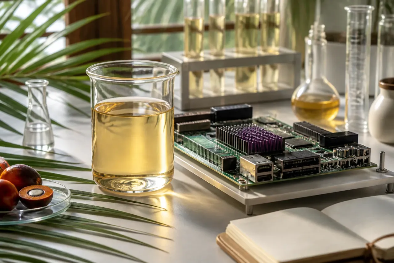 AI-generated editorial interpretation of a palm-derived cooling-fluid research workbench with glassware and an unbranded server board