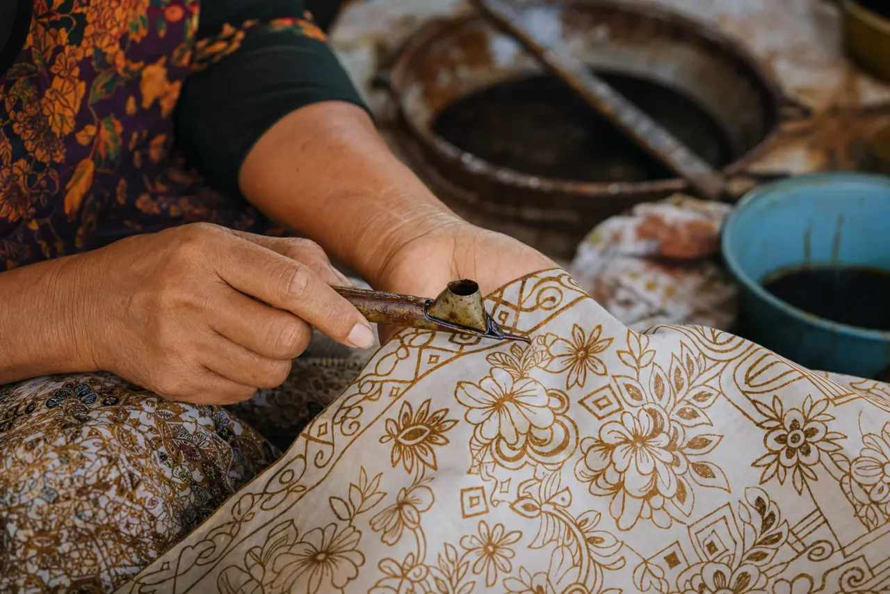 AI-generated editorial interpretation of an artisan applying wax to batik fabric with a canting tool