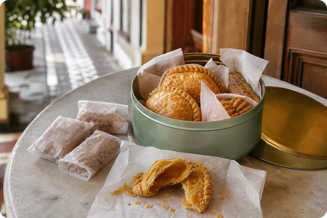 AI-generated editorial interpretation of regional biscuits and kaya puffs packed for travel in plain paper and a reusable tin