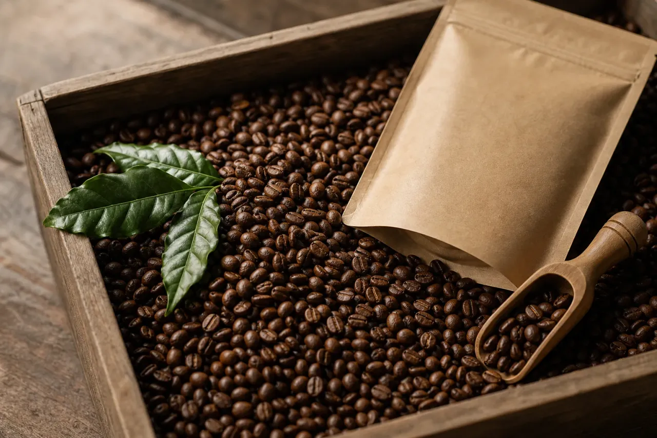 AI-generated editorial interpretation of roasted coffee beans, an unbranded paper pouch and a wooden scoop