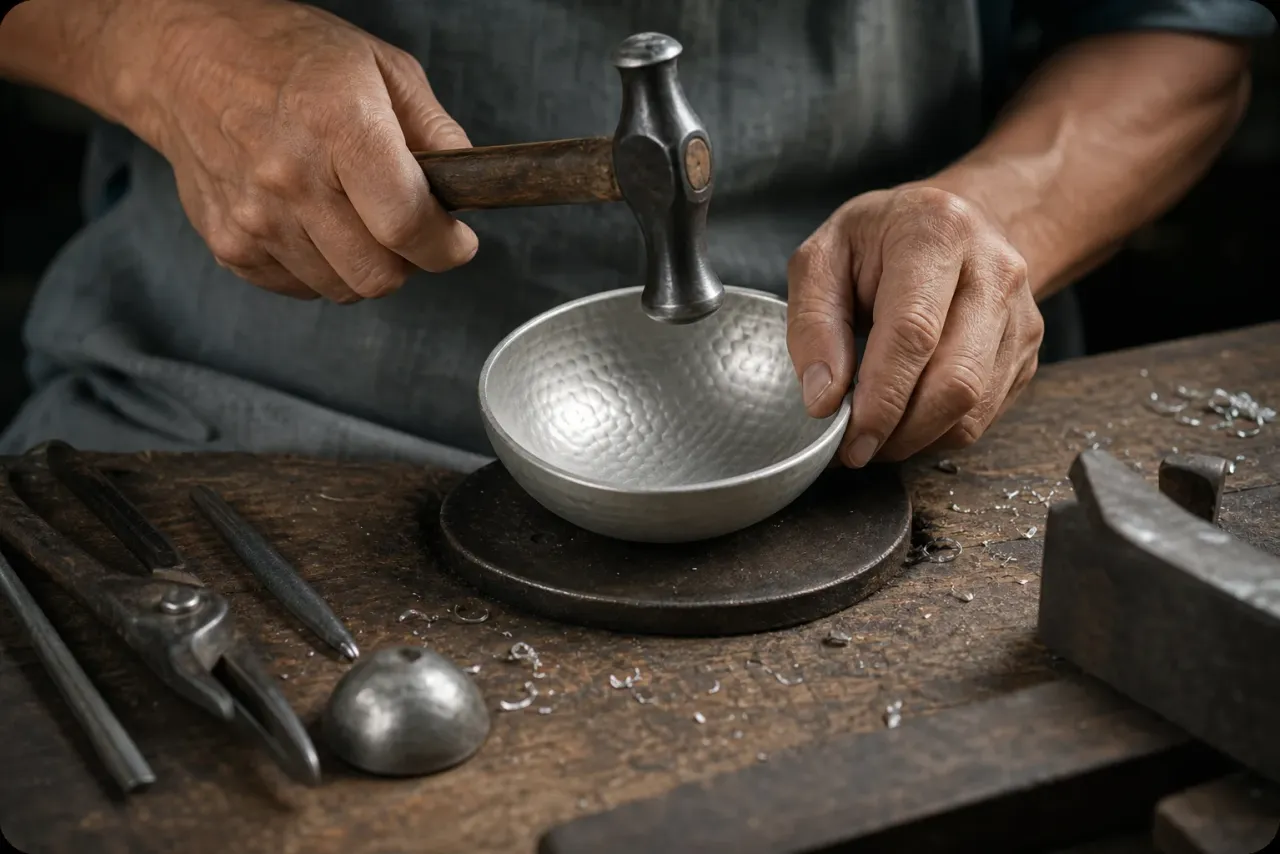 AI-generated editorial interpretation of a craftsperson hammering a small pewter bowl at a wooden workbench