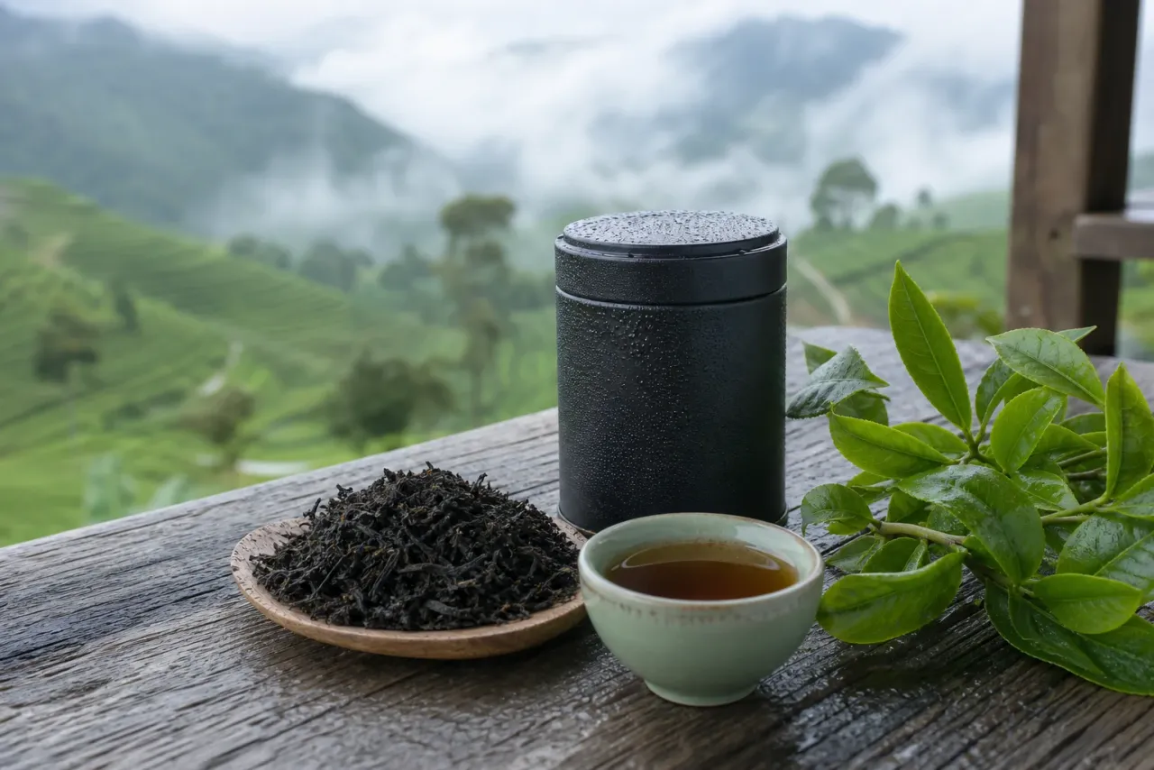 AI-generated editorial interpretation of loose tea, an unbranded tin and a cup overlooking misty highland terraces