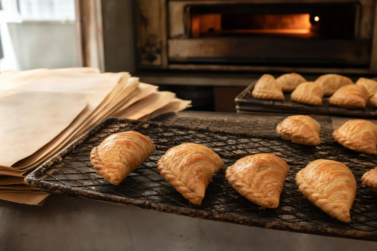 AI-generated editorial interpretation of freshly baked kaya puffs cooling on old wire racks in a modest bakery
