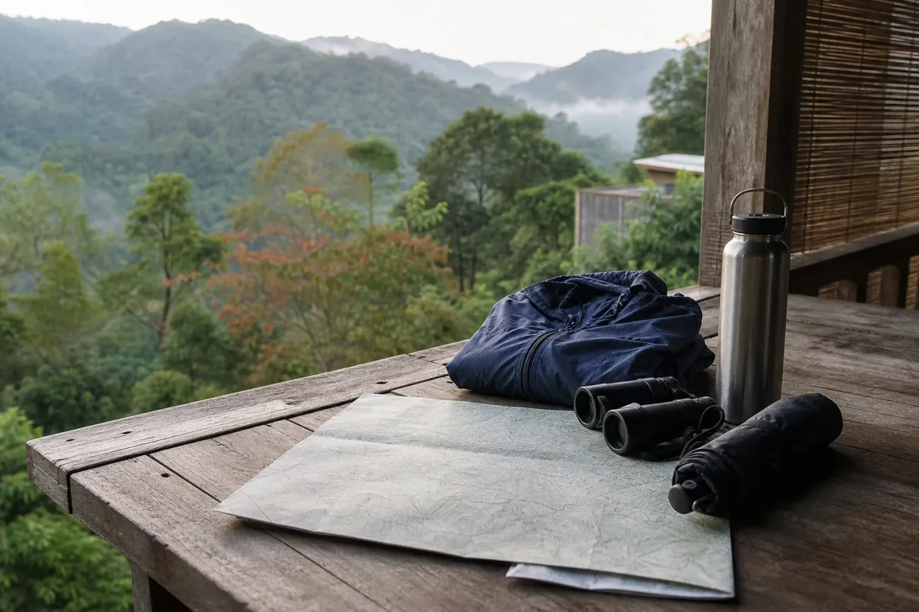 AI-created editorial still life of a rain jacket, binoculars, water bottle, umbrella and unlabelled contour map above forested hills