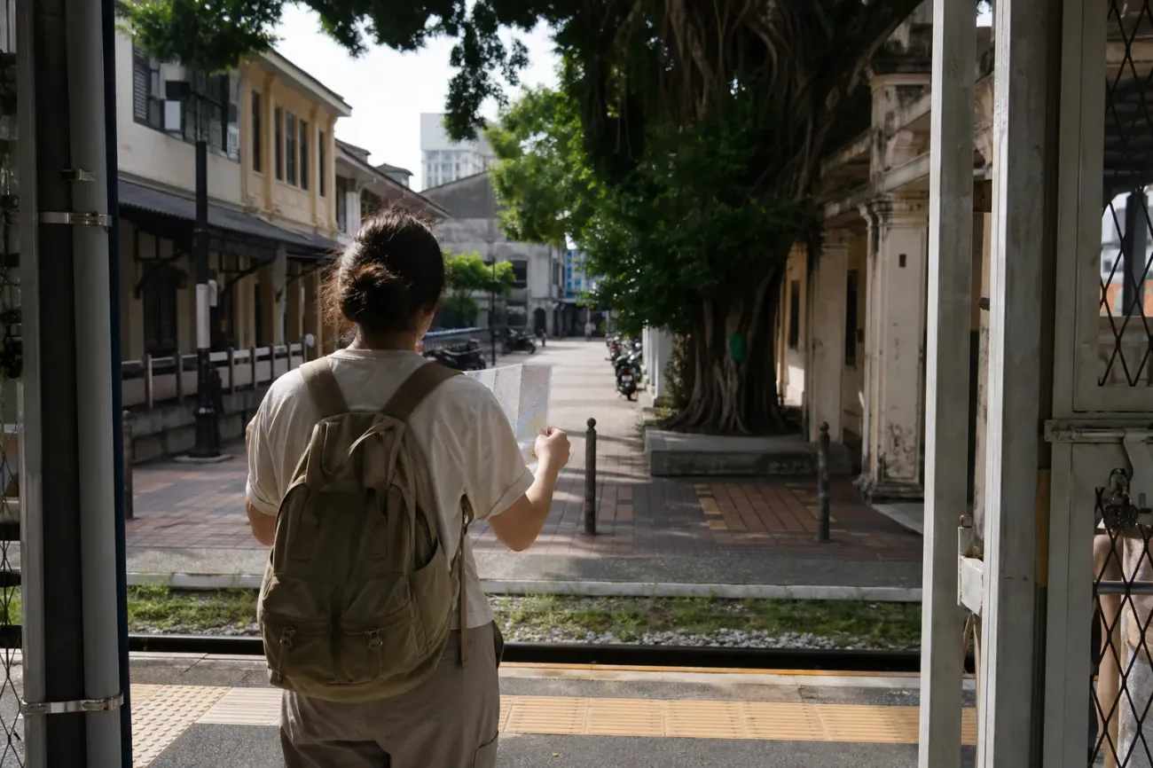 AI-created editorial interpretation of a traveller arriving by rail with a map before exploring Klang on foot