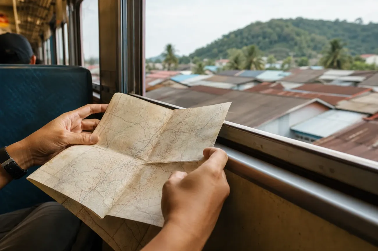 AI-generated editorial interpretation of a traveller unfolding a route map beside a train window approaching a Malaysian hill town