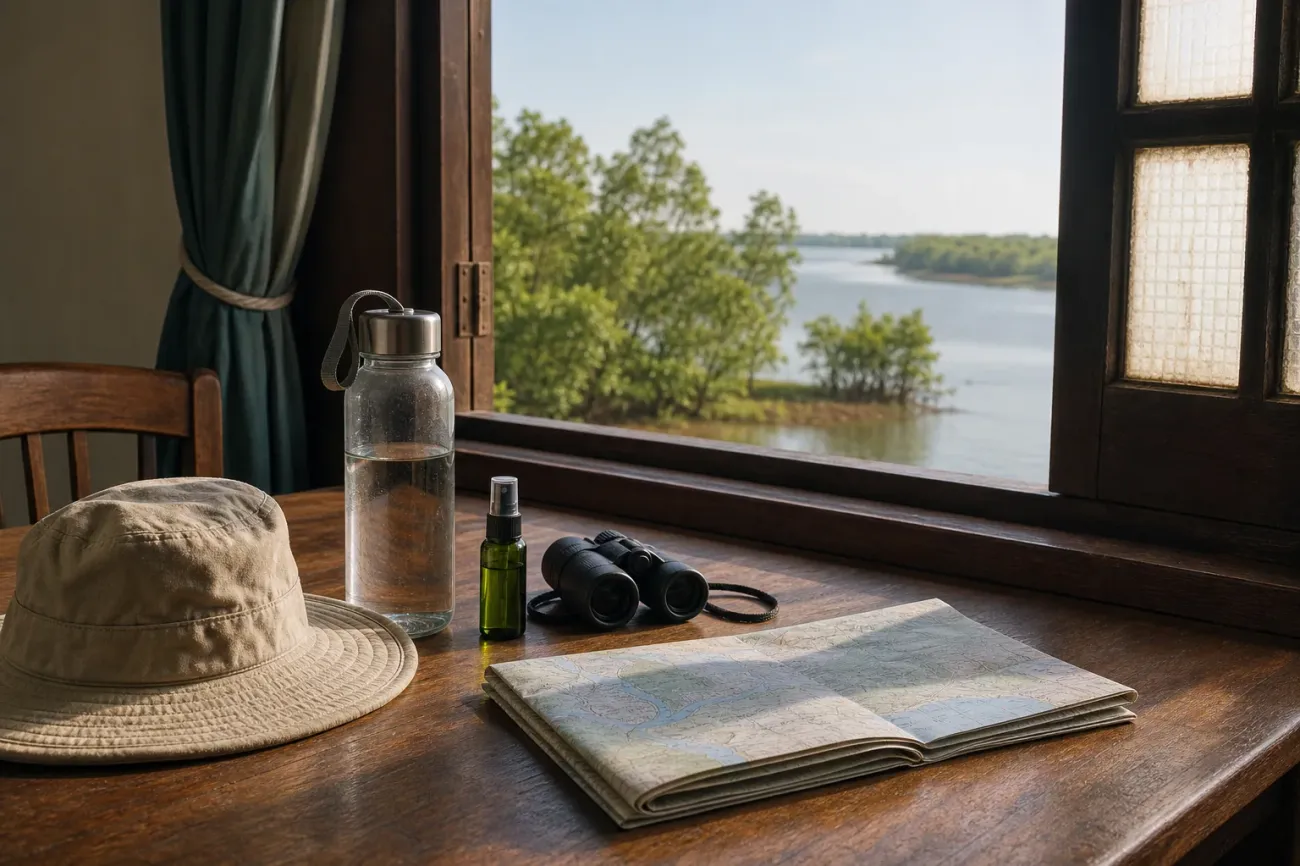 AI-created editorial interpretation of binoculars, a sun hat, water and a map prepared beside the Kuala Selangor estuary
