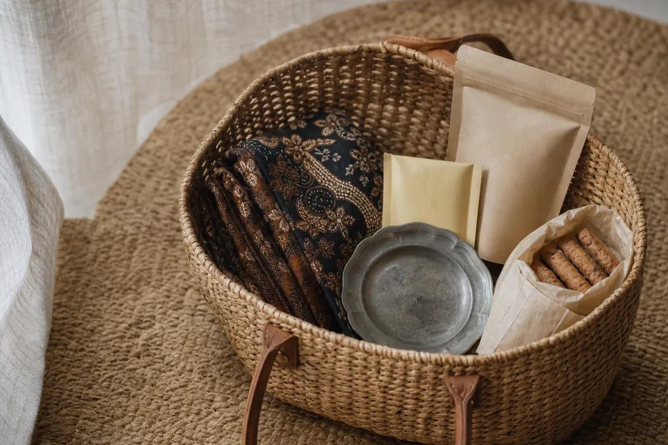 AI-generated editorial interpretation of an open travel tote containing unbranded Malaysian textiles, tea, coffee, metalwork and biscuits