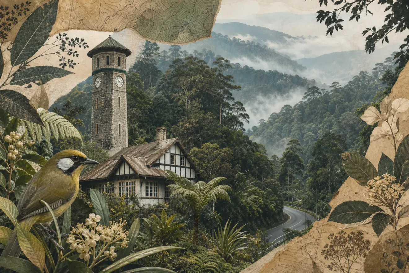 Editorial collage of Fraser's Hill clock tower, misty montane forest, a heritage bungalow, winding road and native birdlife