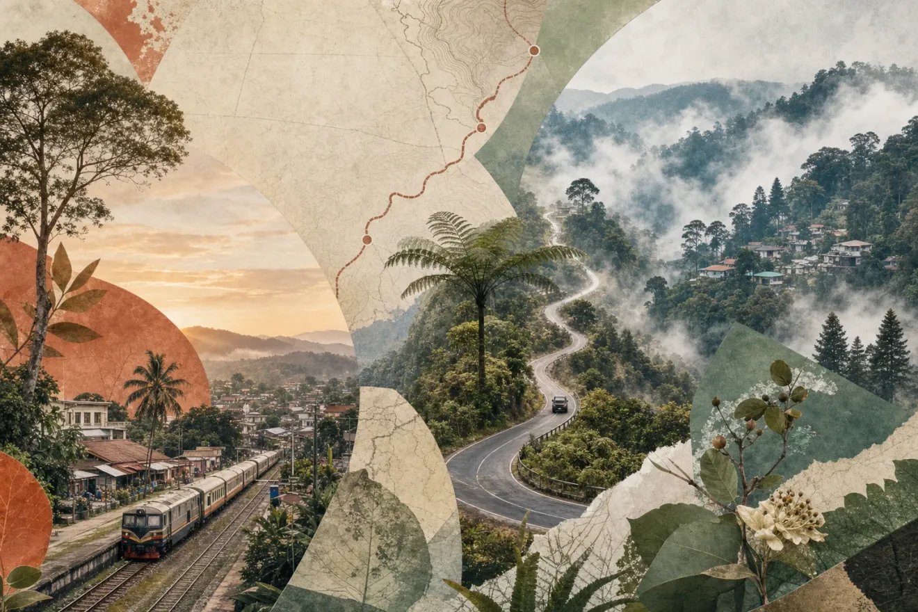 Editorial collage showing rail and garden-town streets in Kuala Kubu Bharu transitioning along a winding road into Fraser's Hill cloud forest