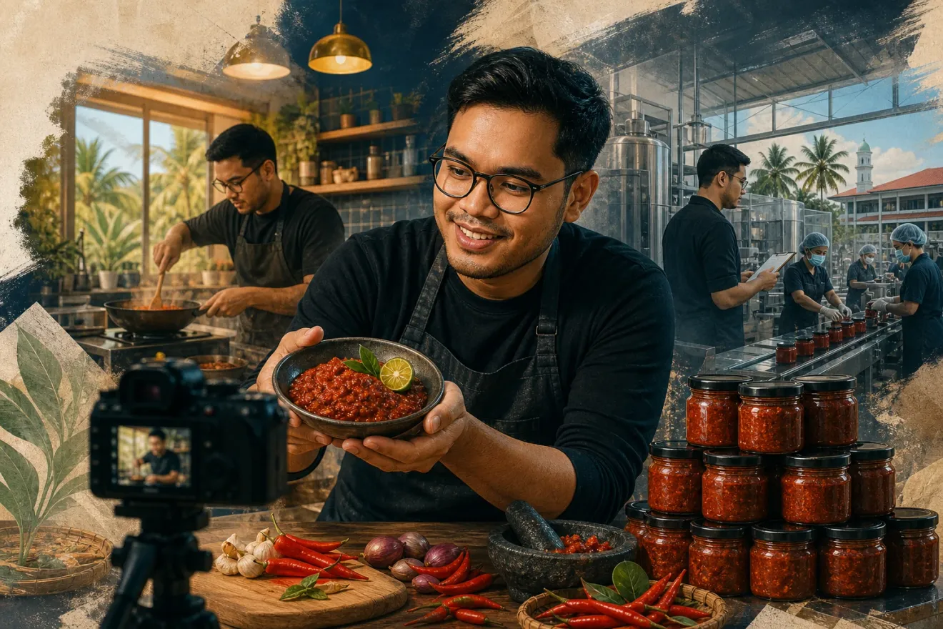 AI-generated editorial interpretation of a Malaysian food creator presenting sambal to camera between a working kitchen and a small food factory