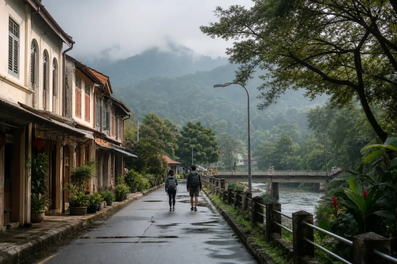 AI-generated editorial interpretation of walkers following a heritage street toward Kuala Kubu Bharu's river and forest