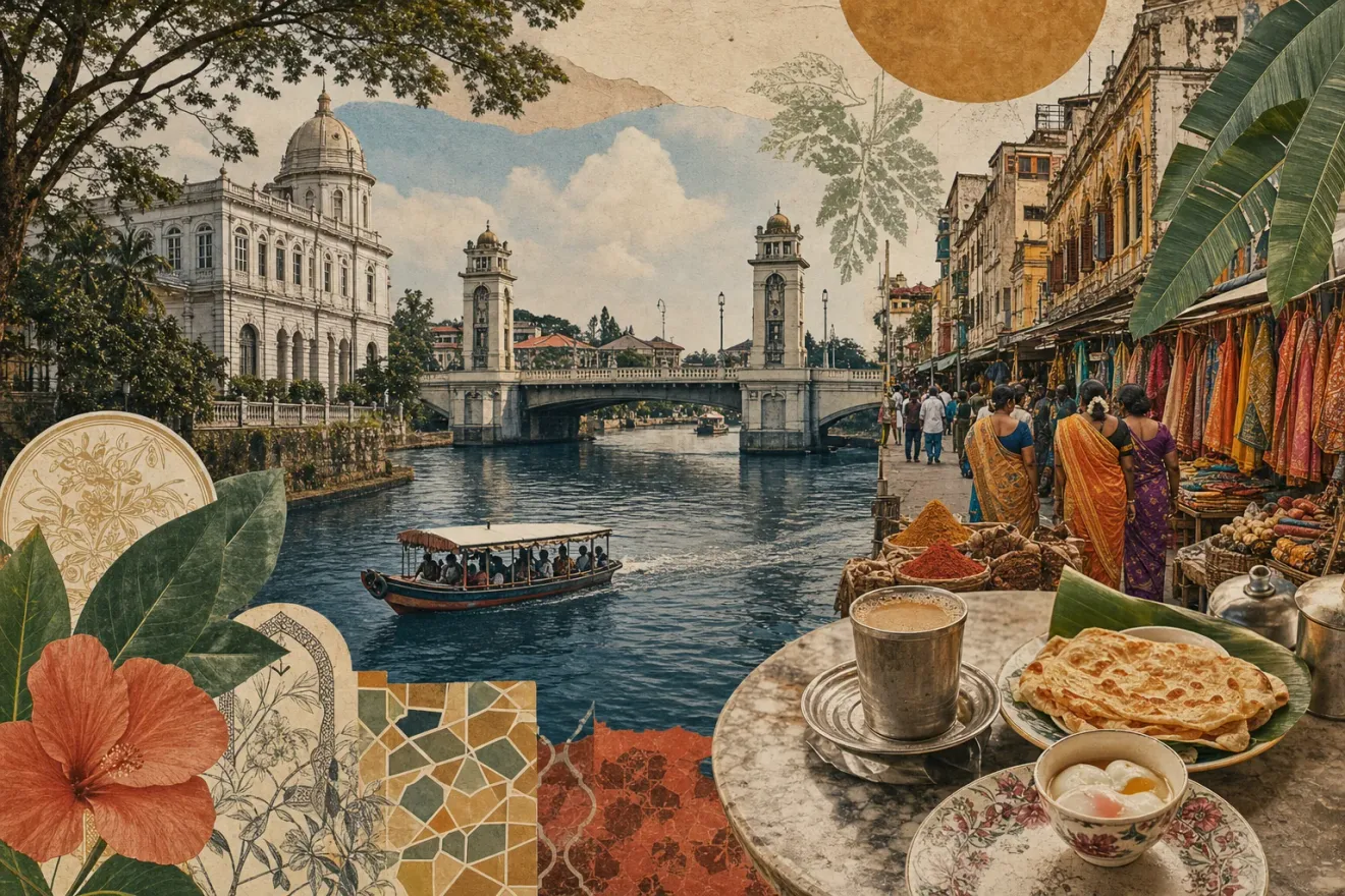 Editorial collage of Klang's river, royal-town architecture, textile streets and food culture