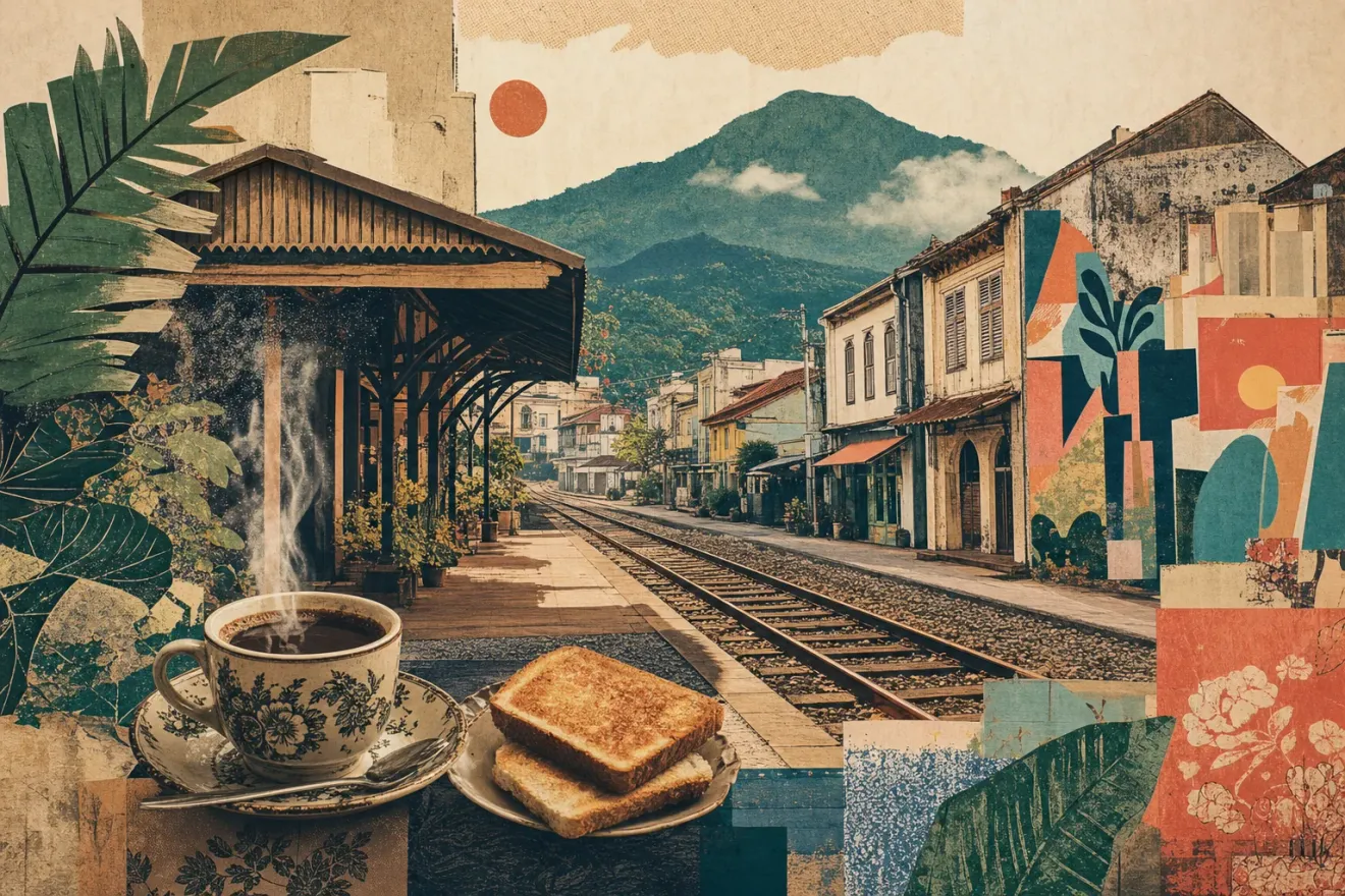 Editorial collage of Kluang's railway, coffee culture, old town and Gunung Lambak