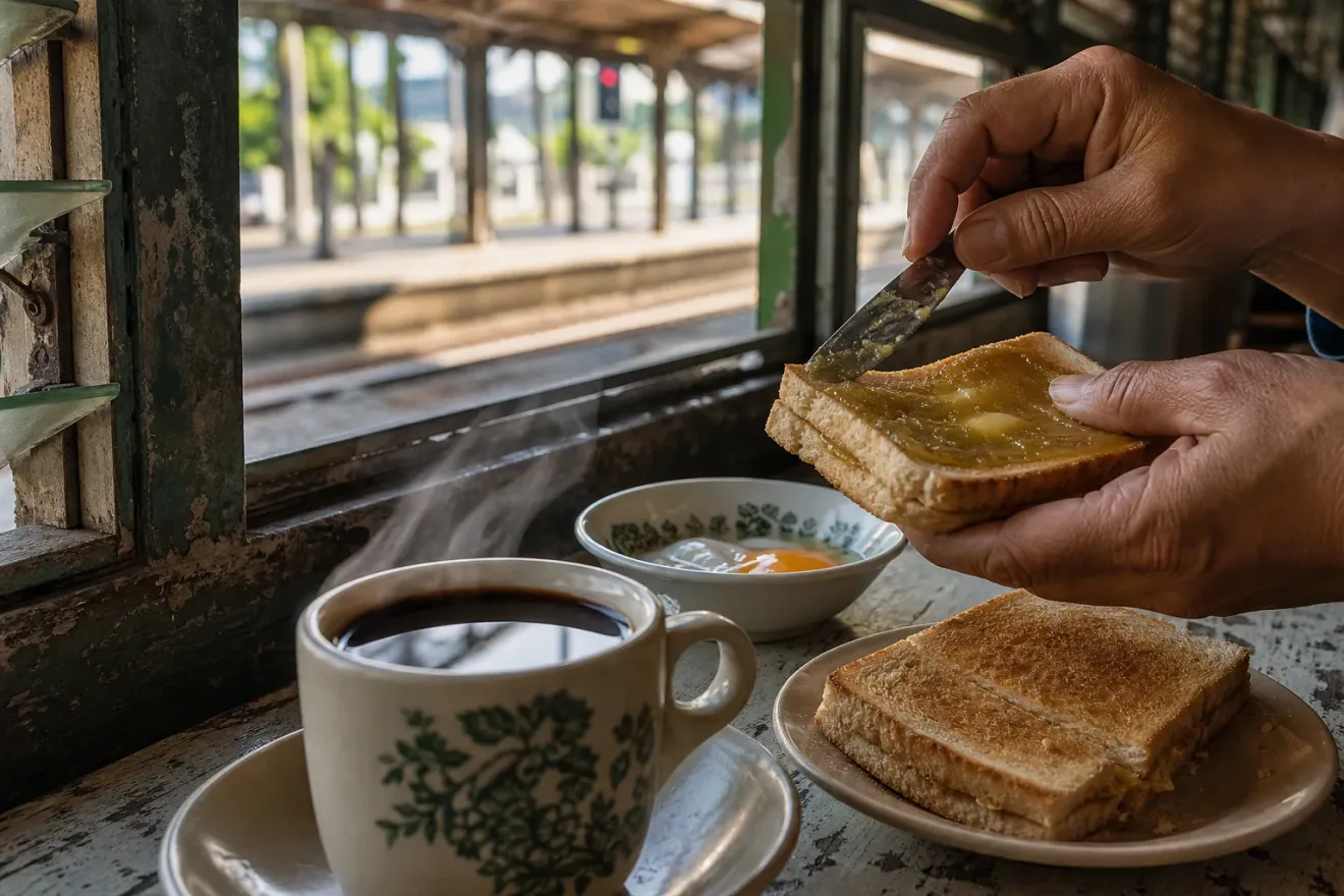 AI-generated editorial interpretation of kaya toast being prepared beside a Kluang railway platform