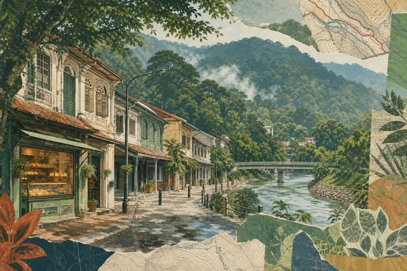 Editorial collage of Kuala Kubu Bharu's heritage streets, bakery, river and forested hills