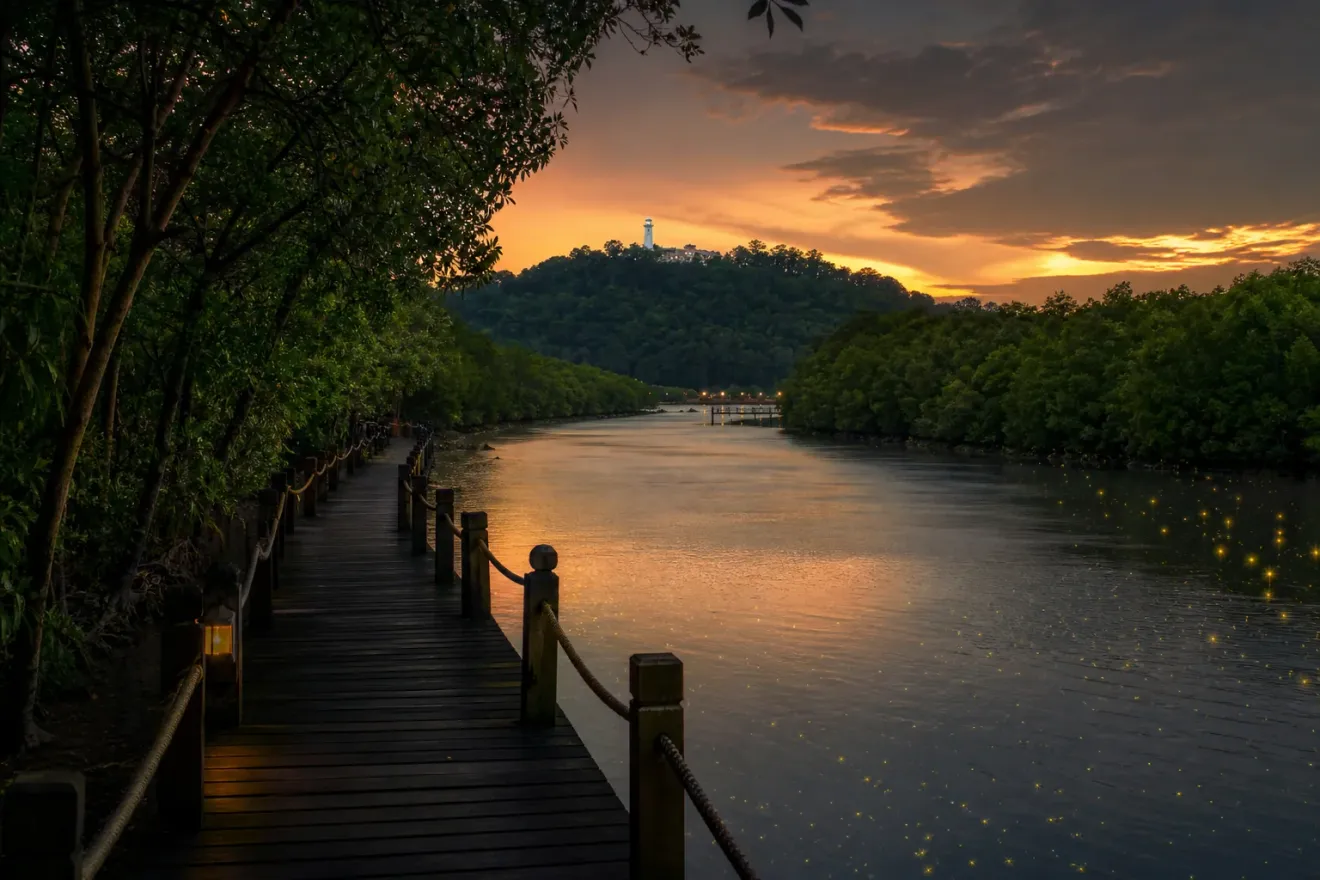 AI-created editorial interpretation of a mangrove boardwalk leading toward Bukit Melawati and a firefly river at dusk
