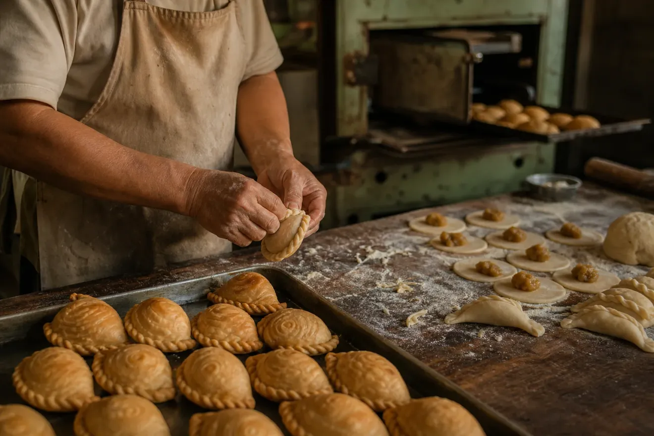 AI-generated editorial interpretation of traditional kaya puffs being made by hand in a time-worn bakery