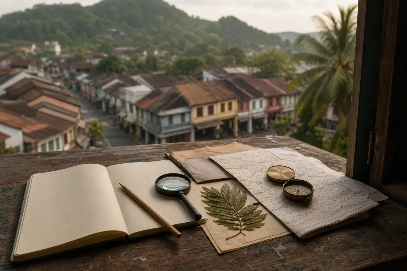 AI-generated editorial interpretation of a field notebook and map overlooking a Malaysian hill town