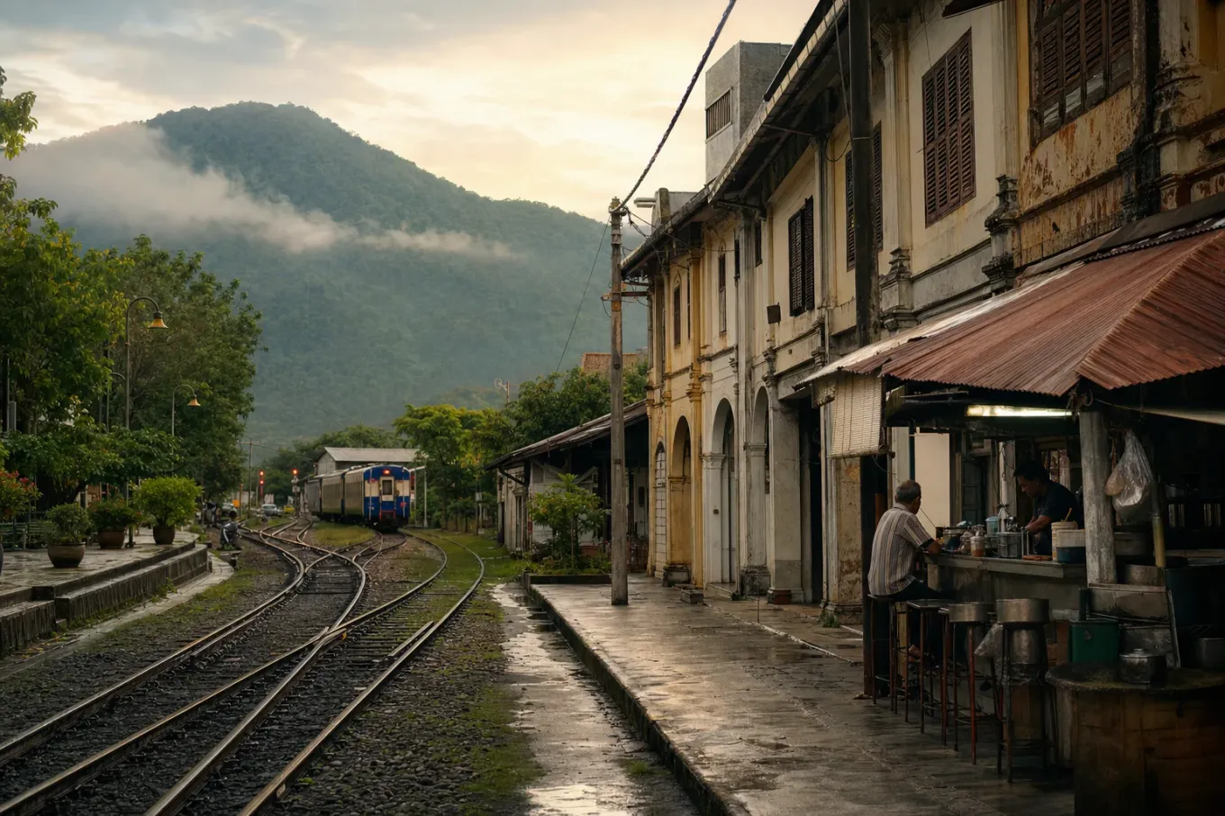 AI-generated editorial interpretation of railway tracks passing Kluang shophouses toward tropical hills