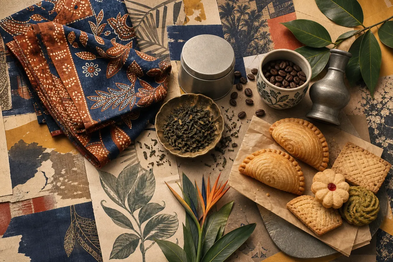 Editorial still life of Malaysian craft, tea, coffee, pewter and bakery keepsakes