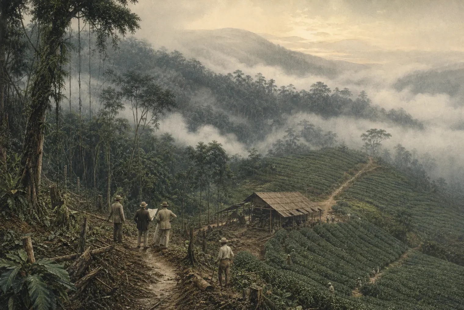 AI-generated editorial interpretation of an early Cameron Highlands tea plantation where forest gives way to cultivated rows
