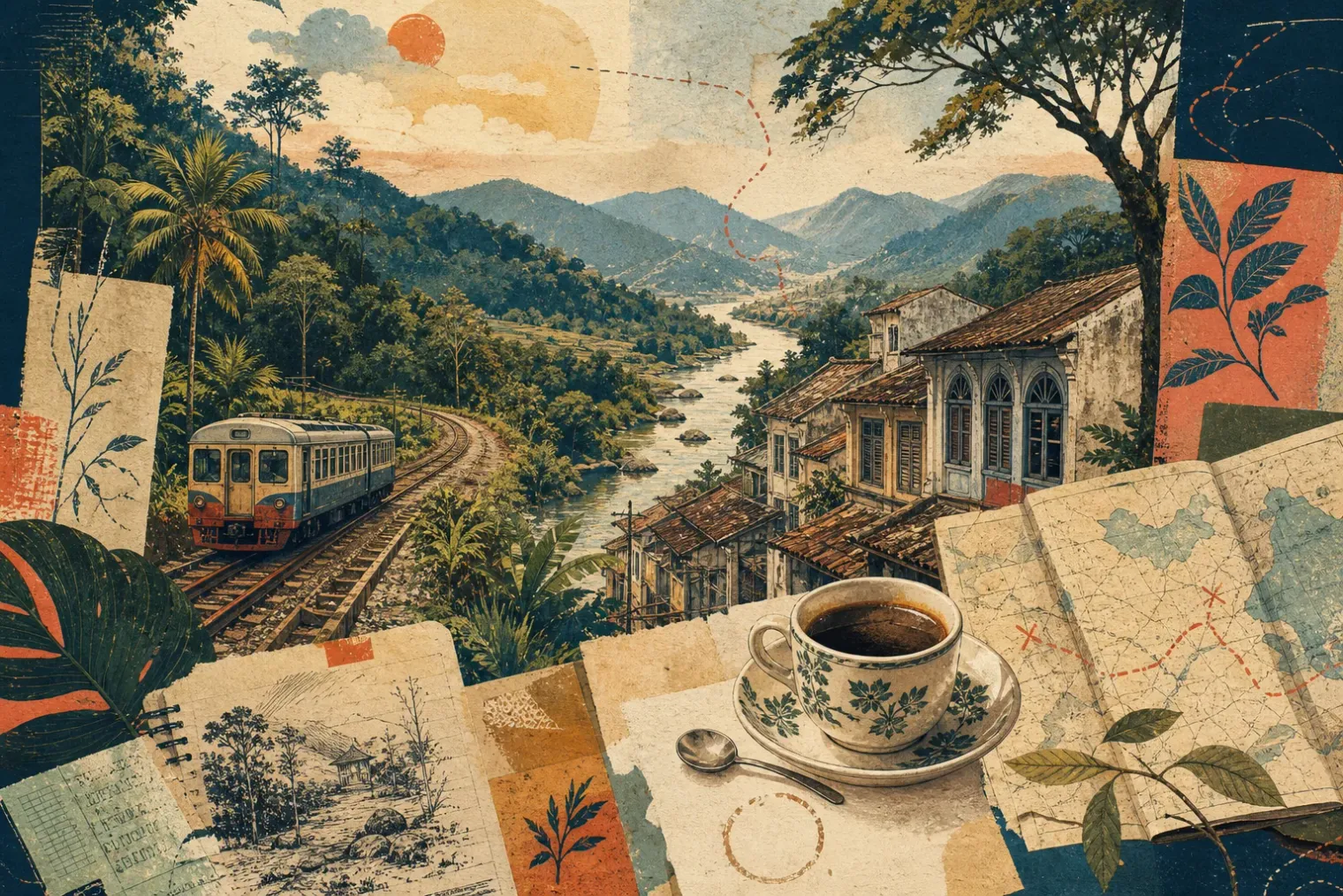 Editorial collage of Malaysian rail, forest, river, shophouses, coffee and field notes