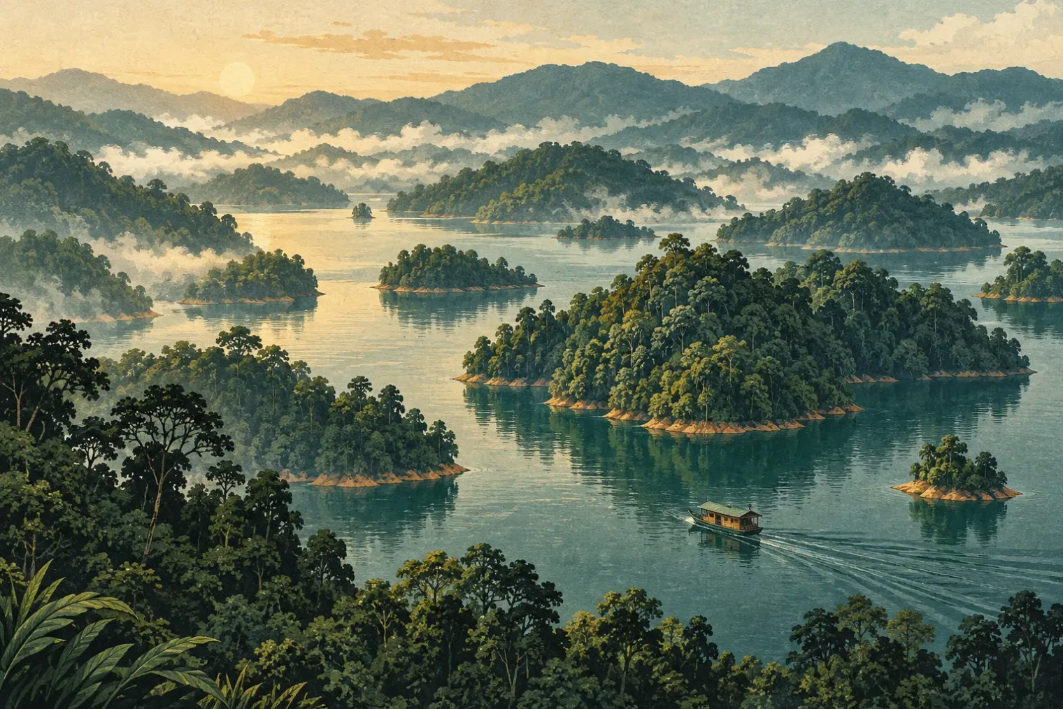 Painterly illustration of rounded rainforest islands rising from Kenyir Lake, with a small roofed boat and misty hills