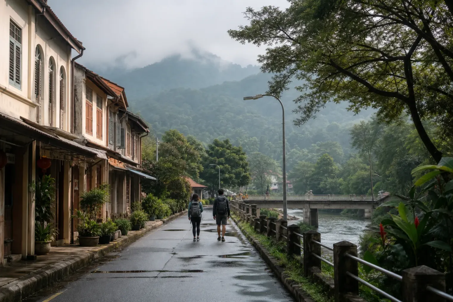 AI-generated editorial interpretation of walkers following a heritage street toward Kuala Kubu Bharu's river and forest