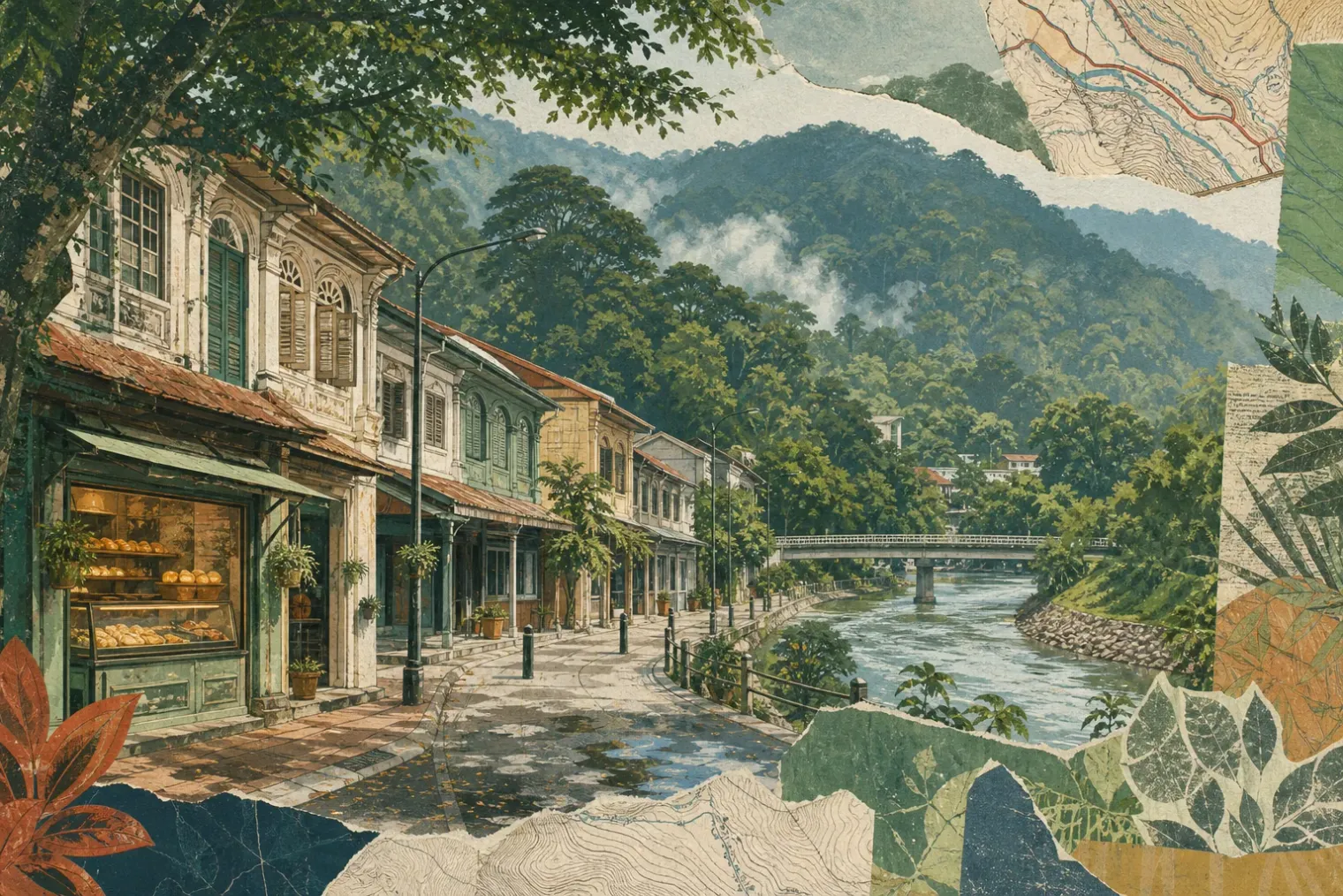 Editorial collage of Kuala Kubu Bharu's heritage streets, bakery, river and forested hills