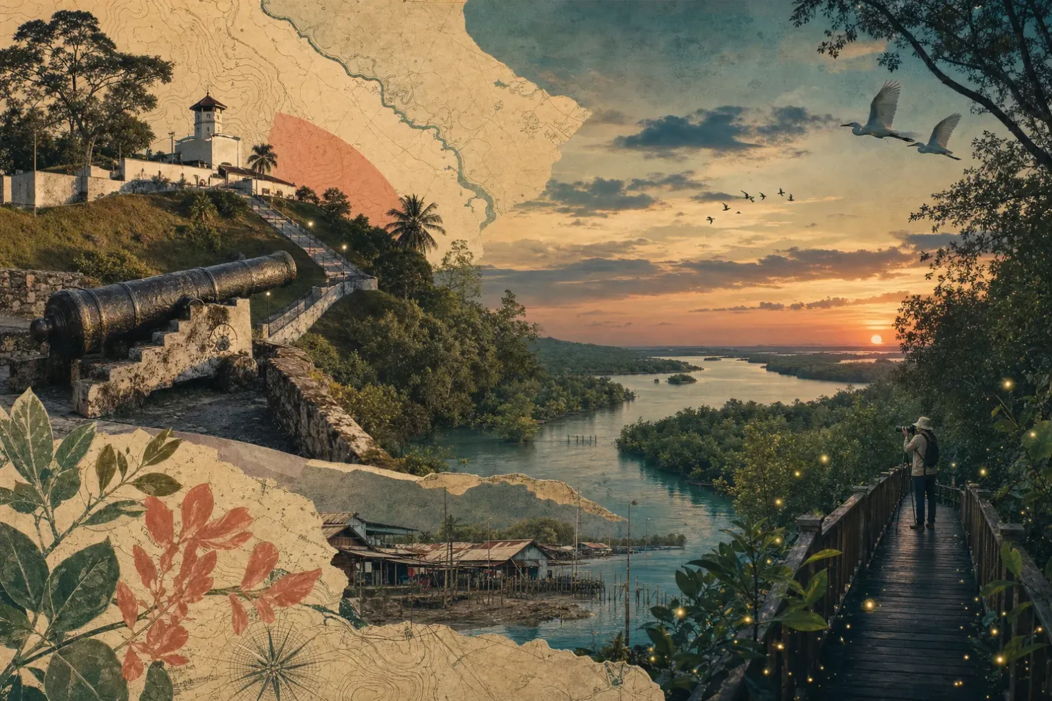 Editorial collage of Bukit Melawati, mangrove wetlands, the Kuala Selangor estuary and fireflies at dusk