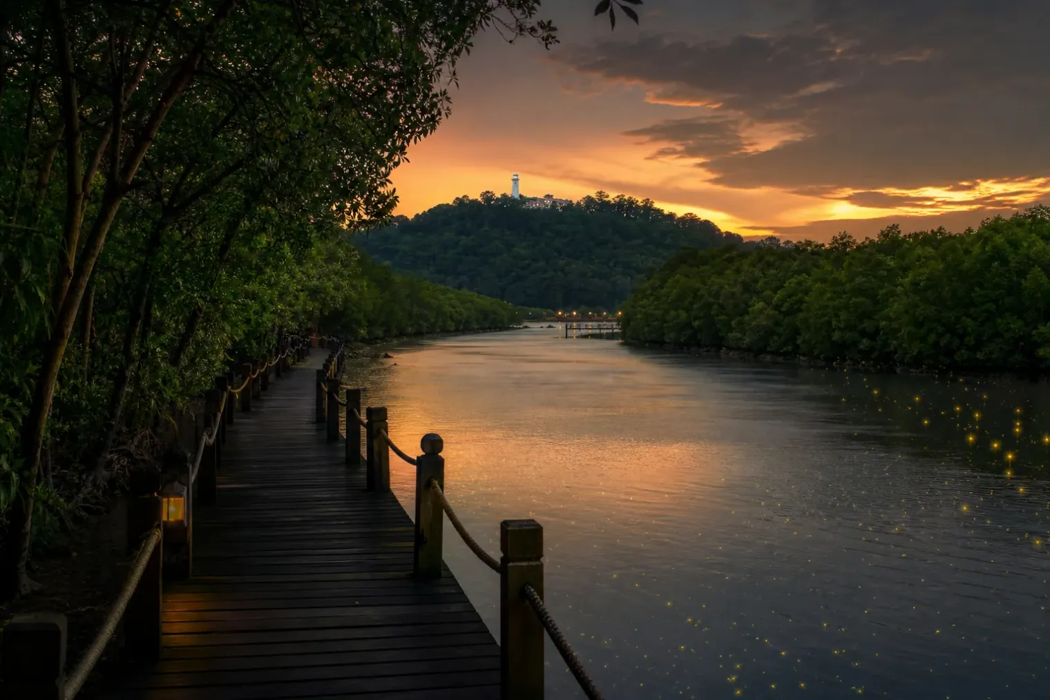 AI-created editorial interpretation of a mangrove boardwalk leading toward Bukit Melawati and a firefly river at dusk