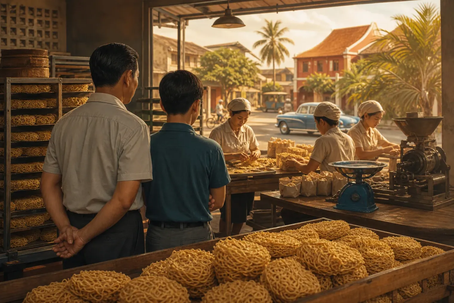 AI-generated editorial interpretation of a 1970s Melaka noodle factory where a father and son notice people eating dry noodles