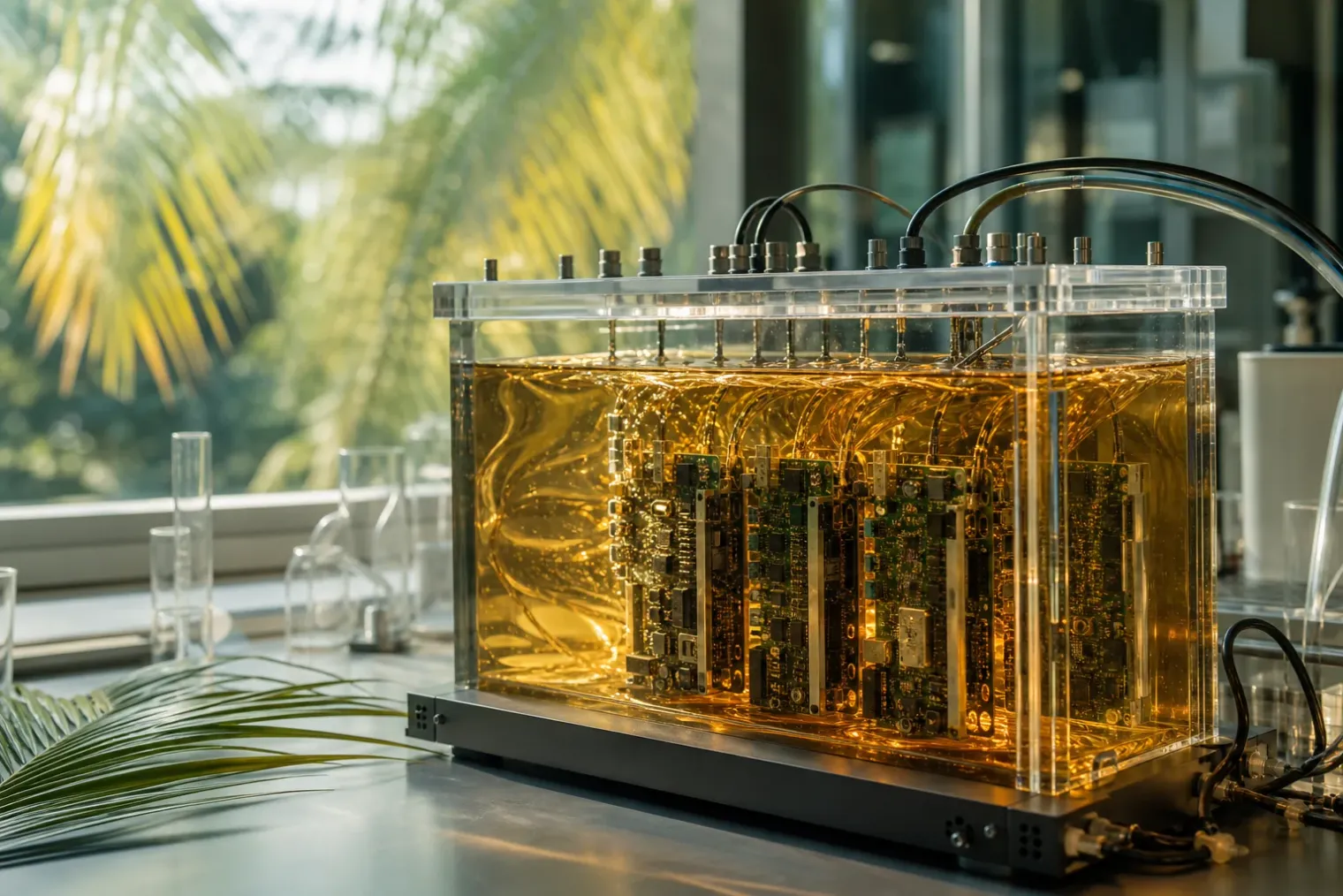 AI-generated editorial interpretation of Malaysian palm-derived cooling fluid surrounding computer hardware