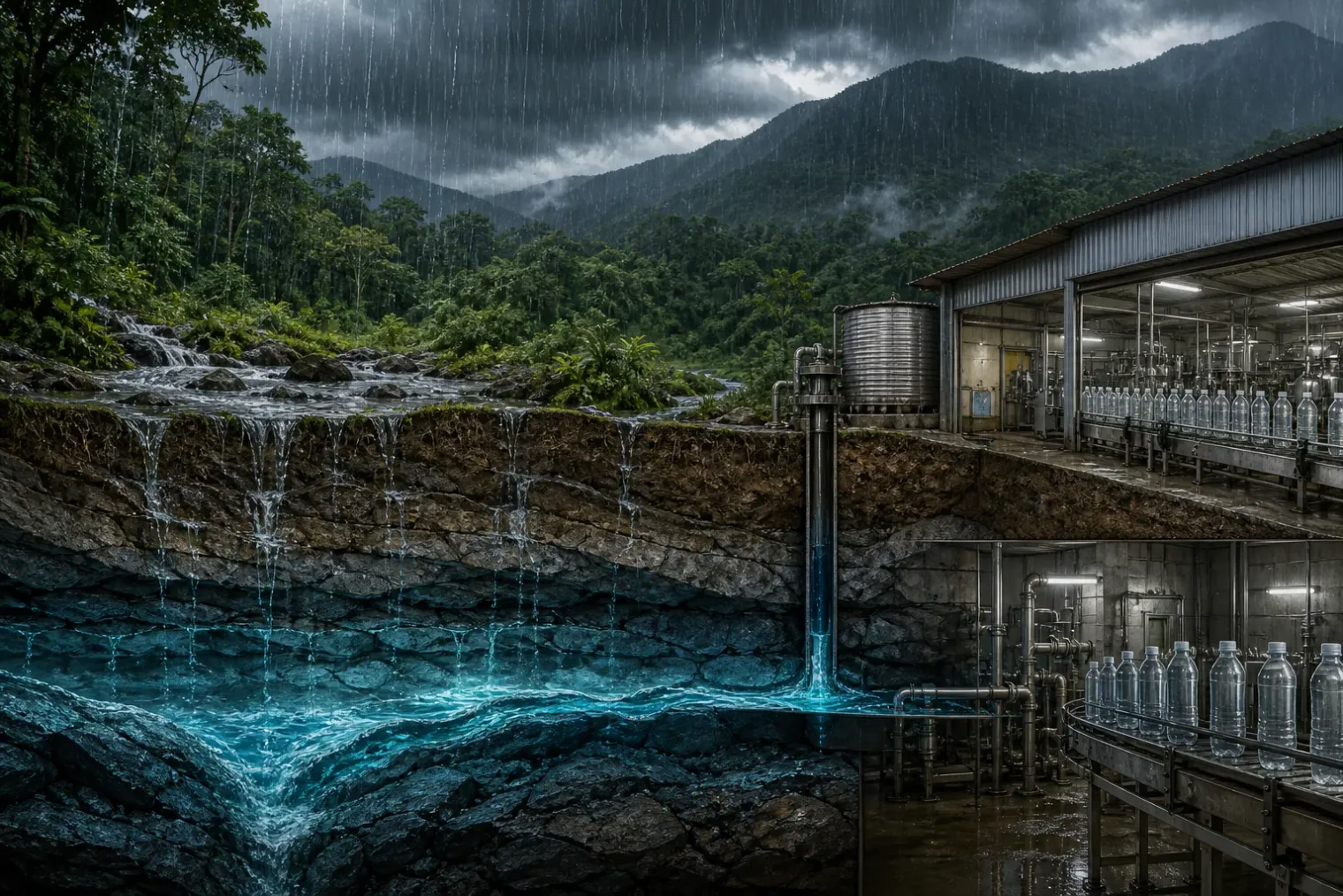 AI-generated editorial cutaway of Taiping rain moving through forest and geology towards a Malaysian water bottling plant