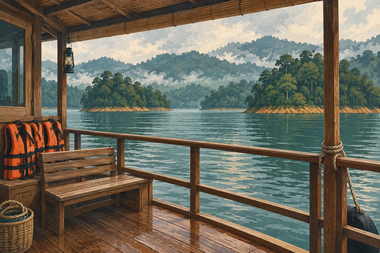 Editorial illustration of a simple houseboat deck with an empty bench and stowed life jackets overlooking forested lake islands